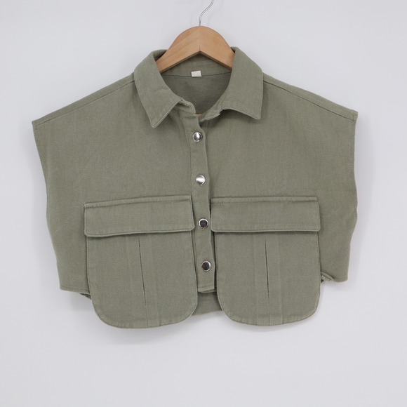 The Unbranded Brand Jackets & Blazers - Cropped Vest Womens M Olive Green Denim Spread Collar Button Front Patch Pockets